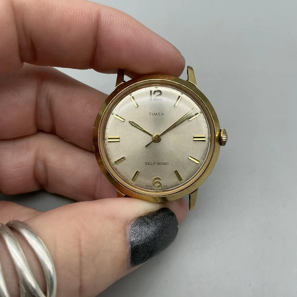 Vintage Timex Self-Wind Mens Watch 34mm Silver Gold Tone For Parts Not Running
